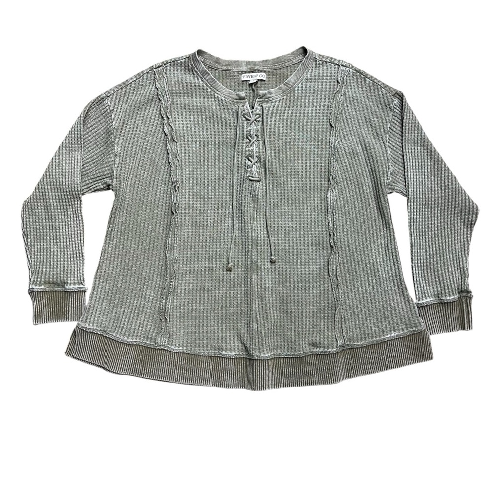 Frye & Co Waffle Knit Lace Up Top 1X Olive Green Long Sleeve Shirt